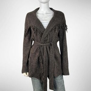 Vintage fairy grunge brown fringe belted knit cardigan